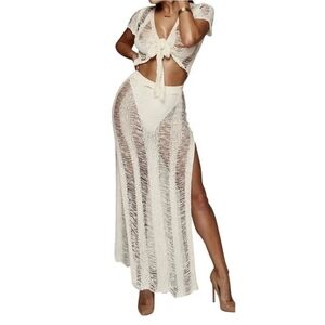 Love Sense Cream Crochet Cover Up Two Piece Skirt Set Size Medium